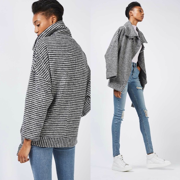 Topshop Jackets & Blazers - NEW Topshop '80s Funnel Neck Houndstooth wool Coat